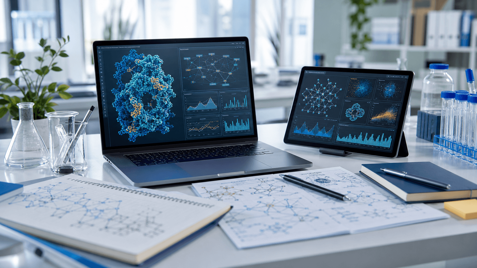A biotech R&D workspace with molecular pathway visualization, protein model, and clean data charts.