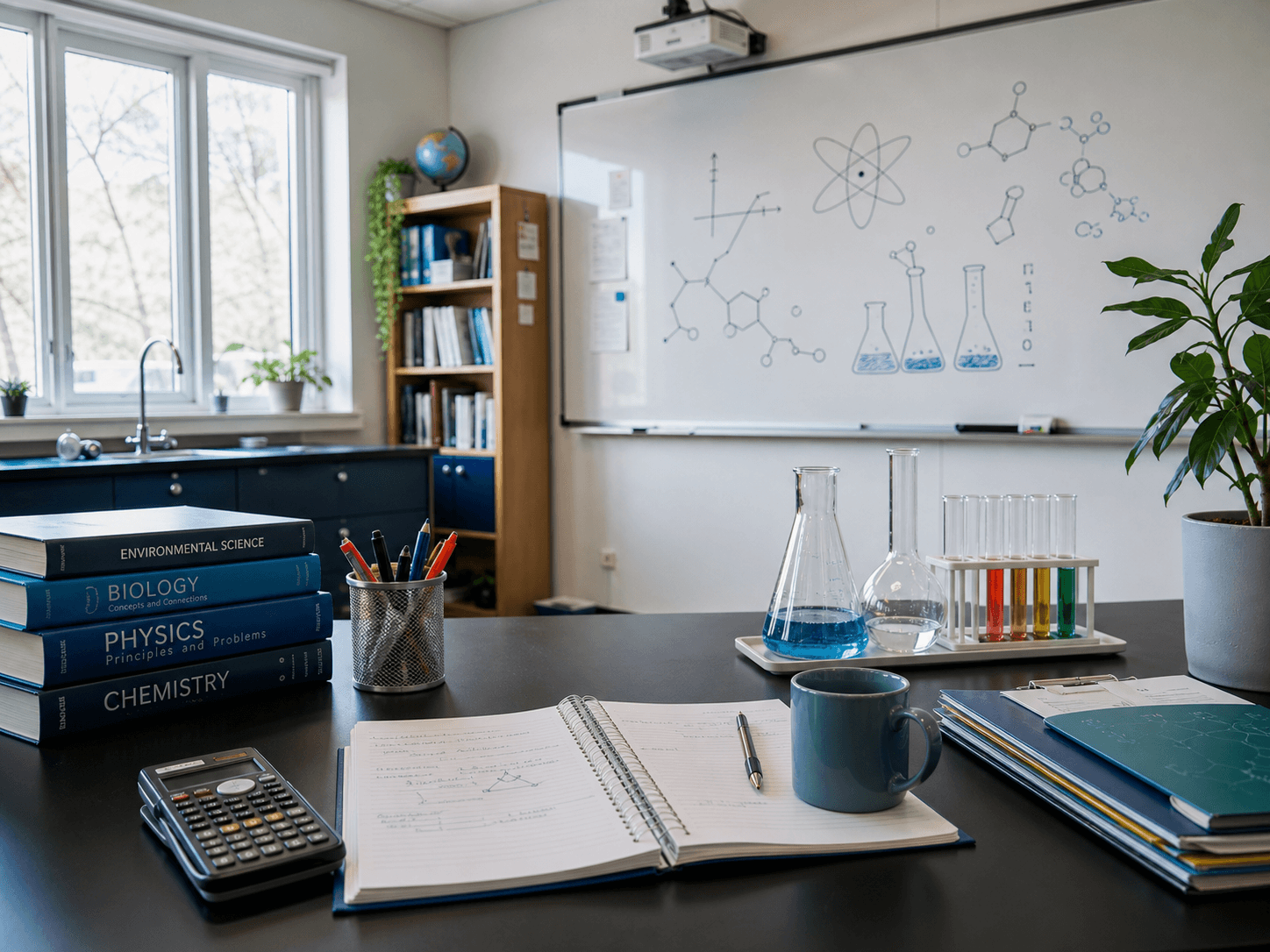 A bright science classroom prepared with lab glassware, equations, and teaching materials.