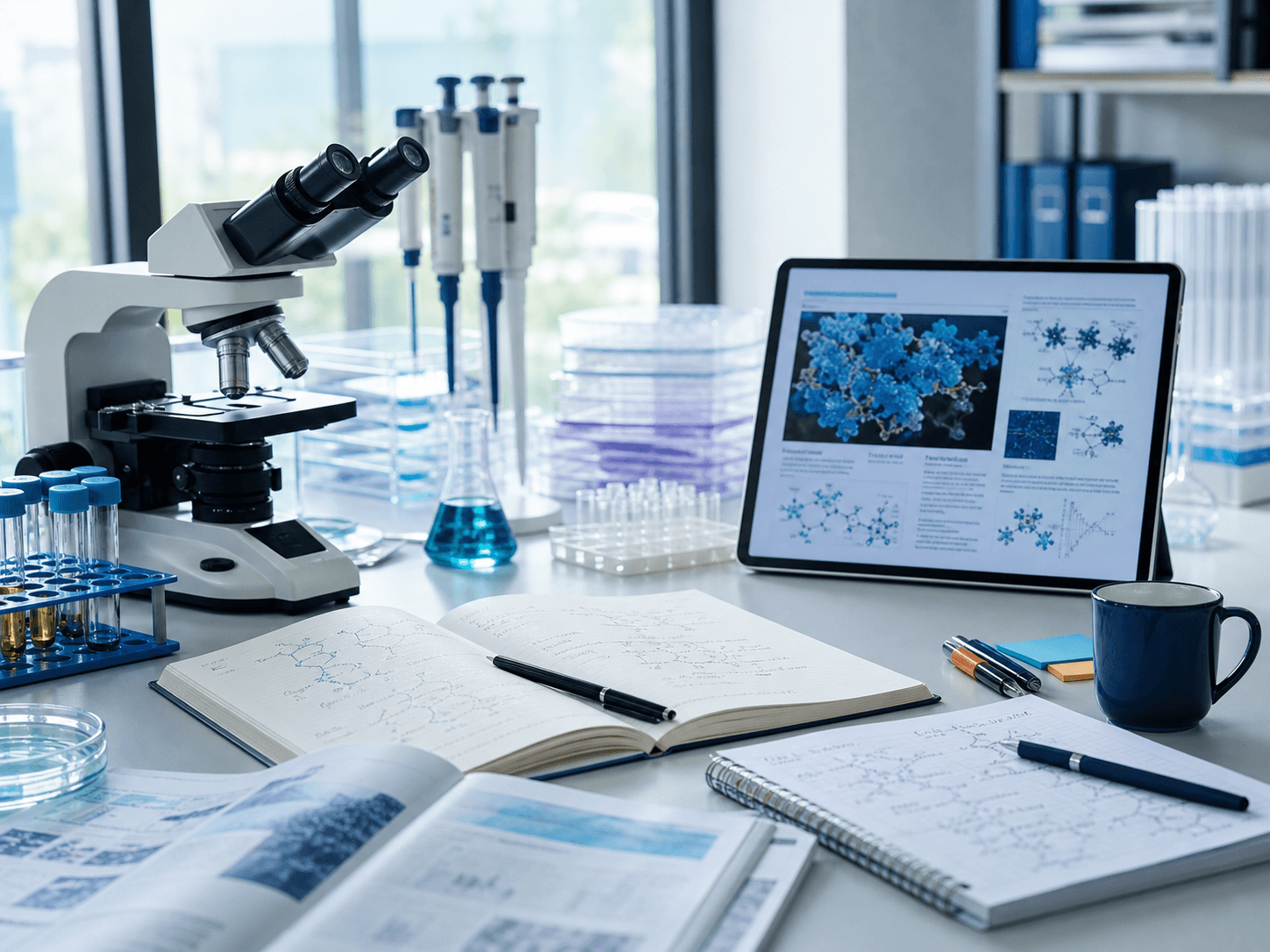 A modern life science workspace with microscope, pipettes, sample tubes, and biomolecular data on a tablet.