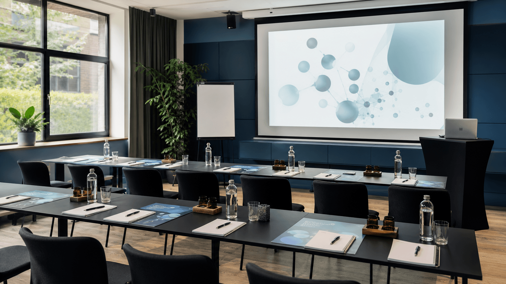 A professional seminar room prepared for a science workshop with notebooks, projector, and presentation materials.
